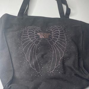 Victorias Secret black tote bag with pink rhinestone angel wings corduroy